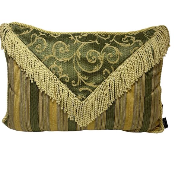 Other - Platinum Couture Green and Gold Stripe Brocade Decorative Pillow with Fringe